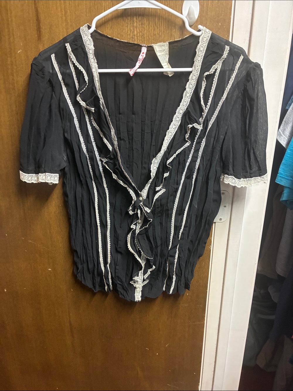 HeartSoul Black Short-Sleeve Ruffle Blouse with White Lace Trim